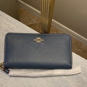 Coach long zip around wallet in blue pebble leather with gold tone